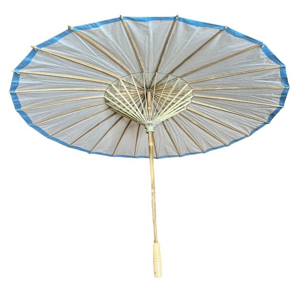Vintage Large Blue Paper Umbrella Parasol Wedding Photo Shoot Oriental 34" - Picture 4 of 9